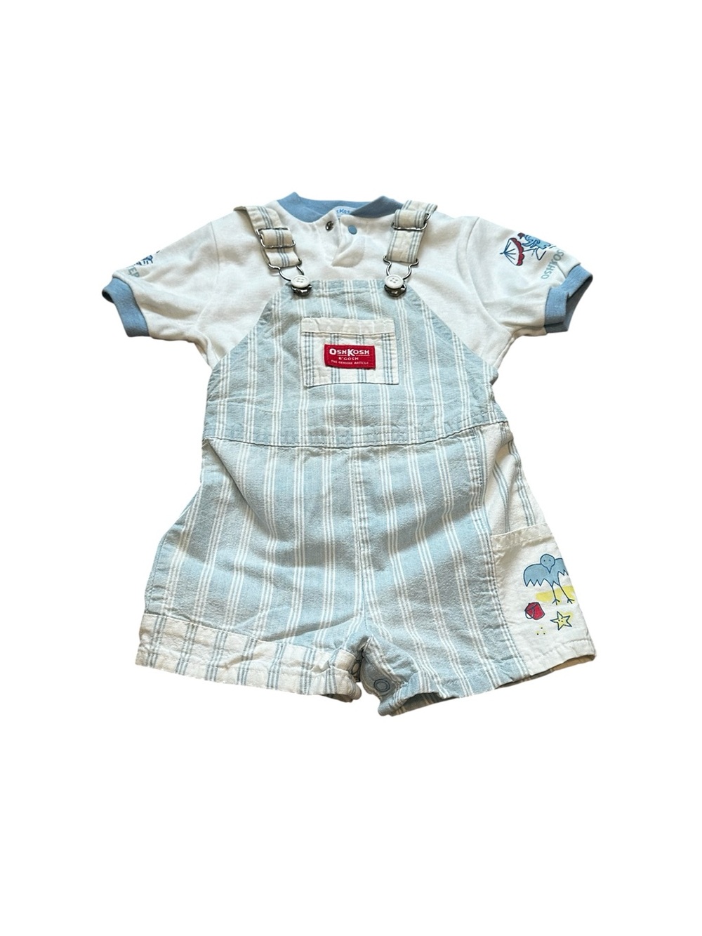 Vintage 70s OshKosh B’Gosh Shortalls Set Blue Striped Matching T-Shirt 24M